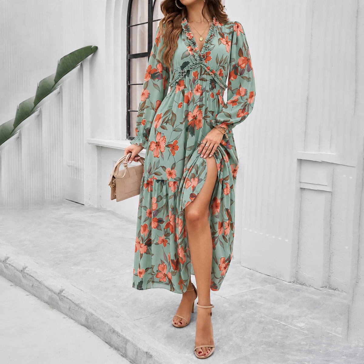 Shiela - Women's Floral Maxi Dress with Gathered Waist - photo 7