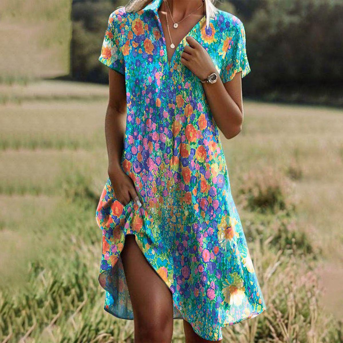 Robe Femme Évasée à Imprimé Floral Multicolore et Col V
