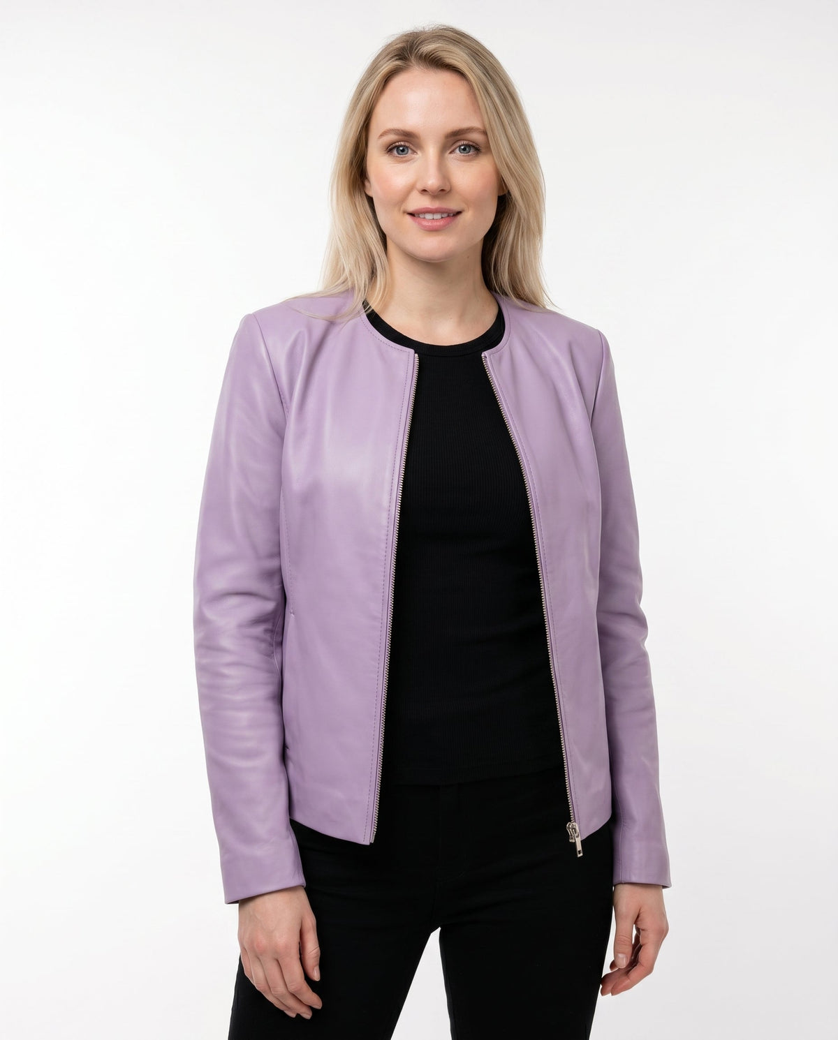 Sienna - Women's Fitted Leather Jacket with Stand Collar and Zip Front - Lilac
