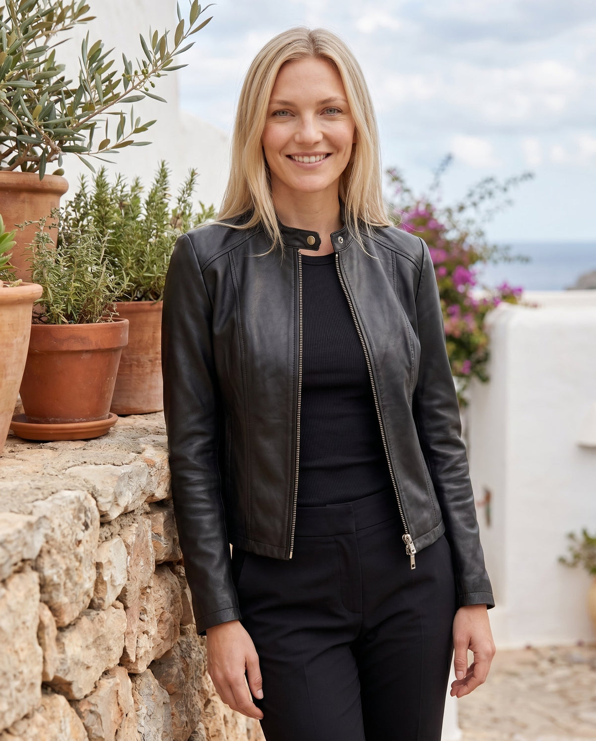 Sienna - Women's Fitted Leather Jacket with Stand Collar and Zip Front