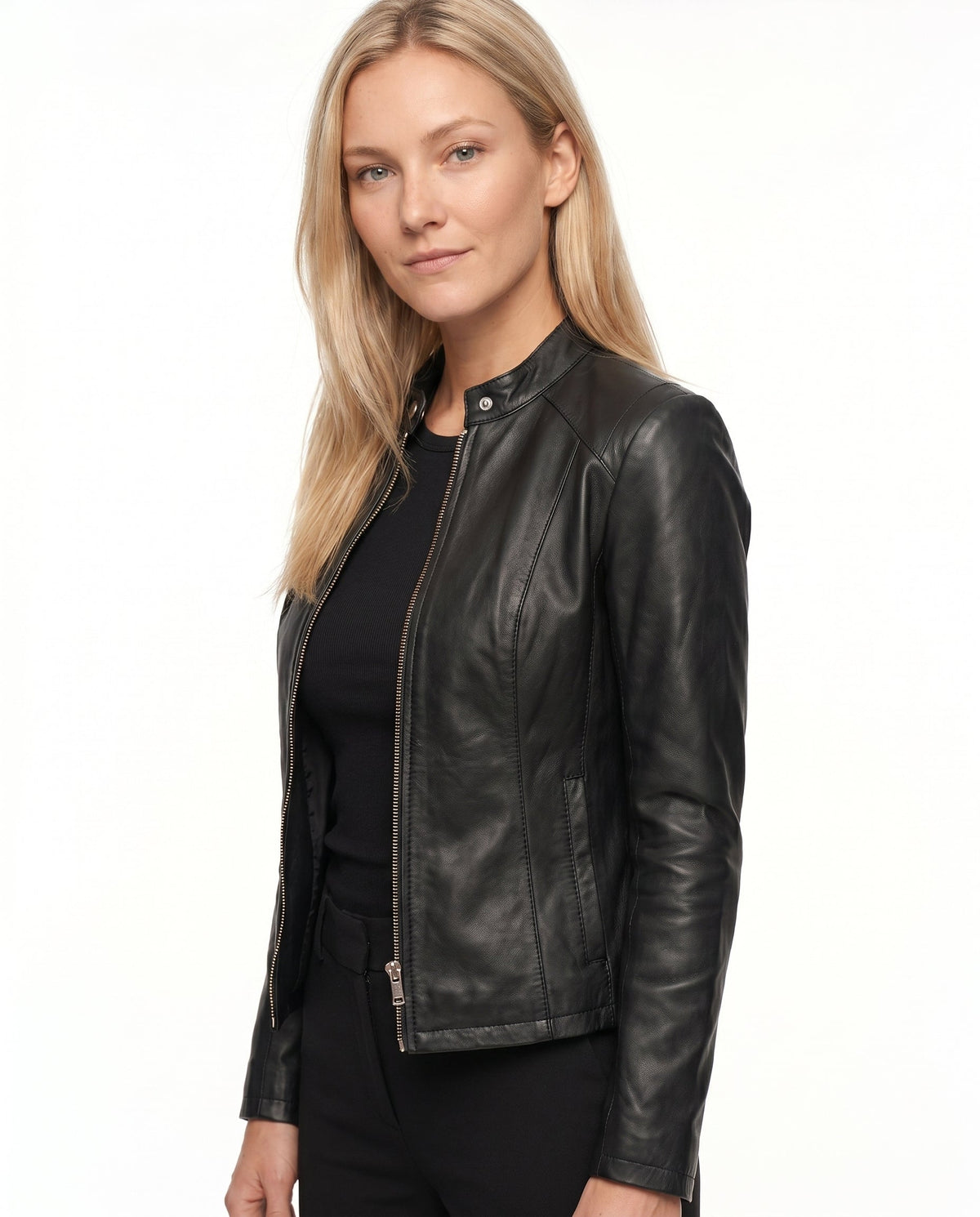 Sienna - Women's Fitted Leather Jacket with Stand Collar and Zip Front