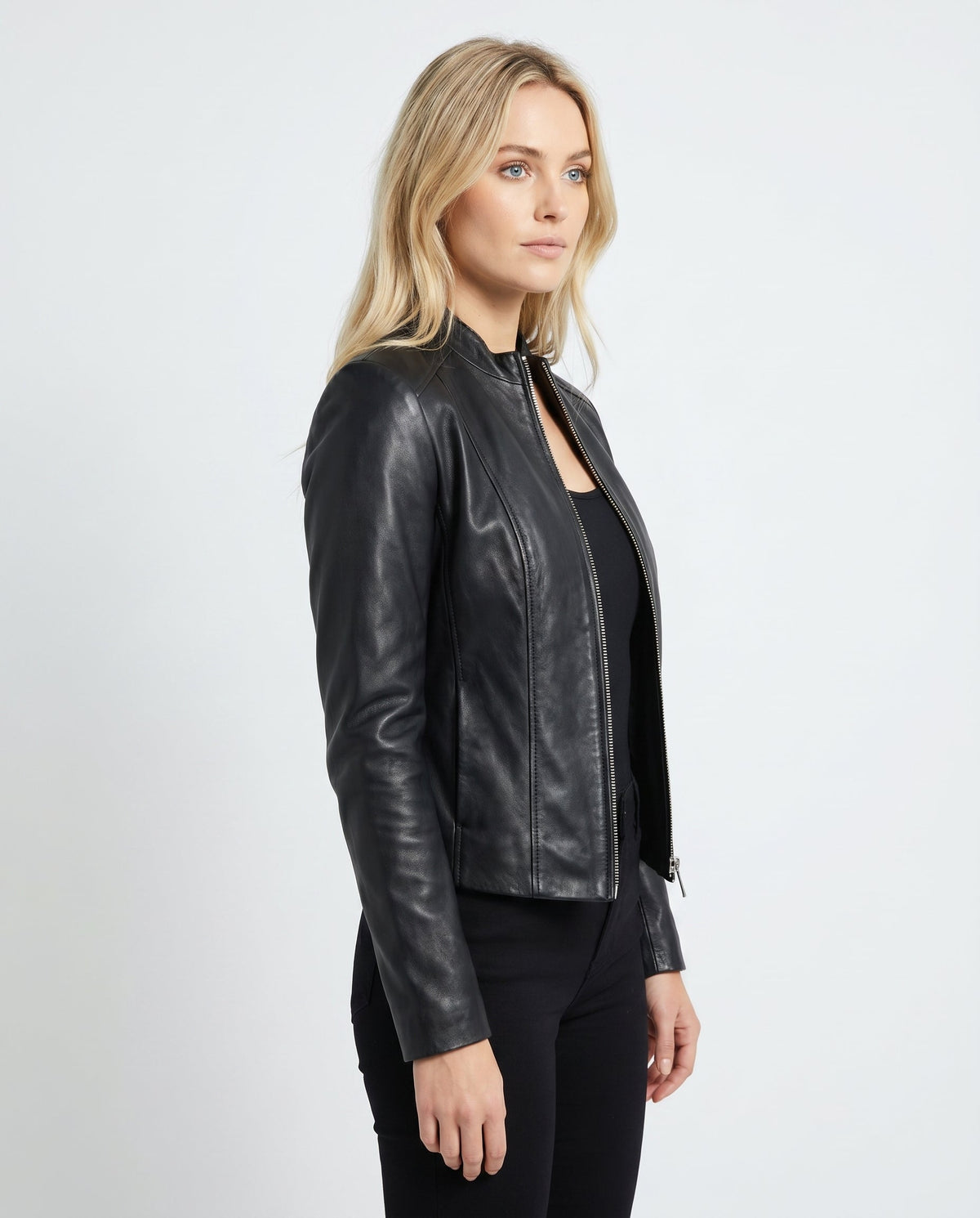 Sienna - Women's Fitted Leather Jacket with Stand Collar and Zip Front