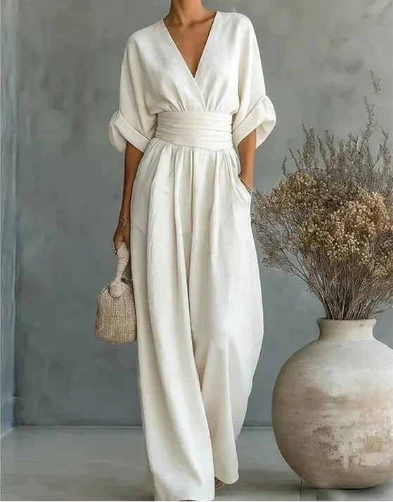 Women's Wide Leg Jumpsuit with Crossover Neckline