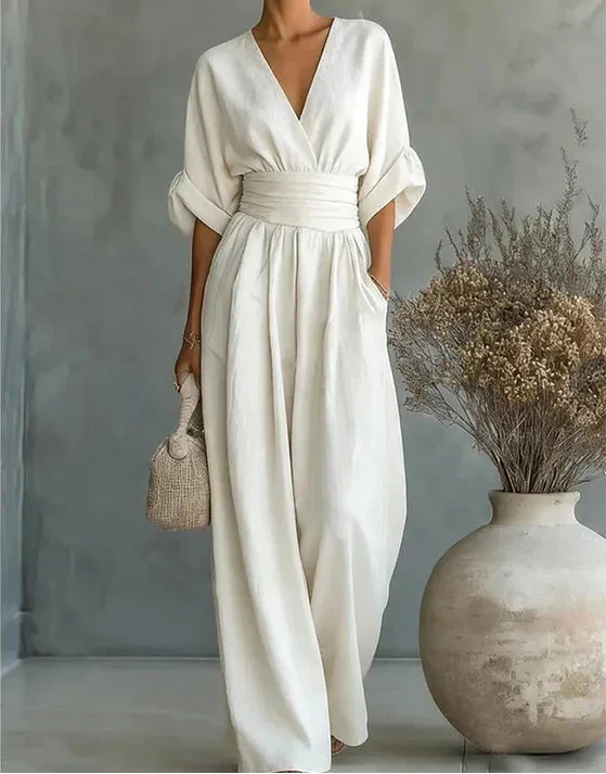Women's Wide Leg Jumpsuit with Crossover Neckline