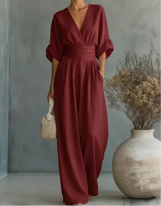 Women's Wide Leg Jumpsuit with Crossover Neckline
