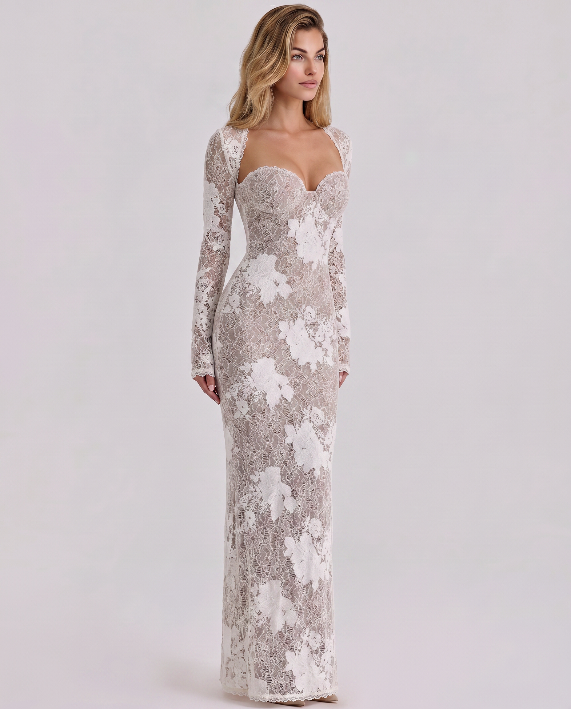 Sylvaine - Women's Maxi Dress with Lace Trim and Long Sleeves - photo 9