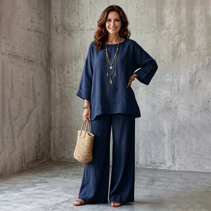 Tamsin - Women's Linen-Look Top and Wide-Leg Trousers Set - photo 4