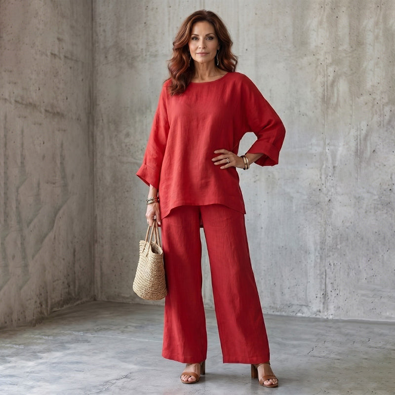 Tamsin - Women's Linen-Look Top and Wide-Leg Trousers Set - photo 5