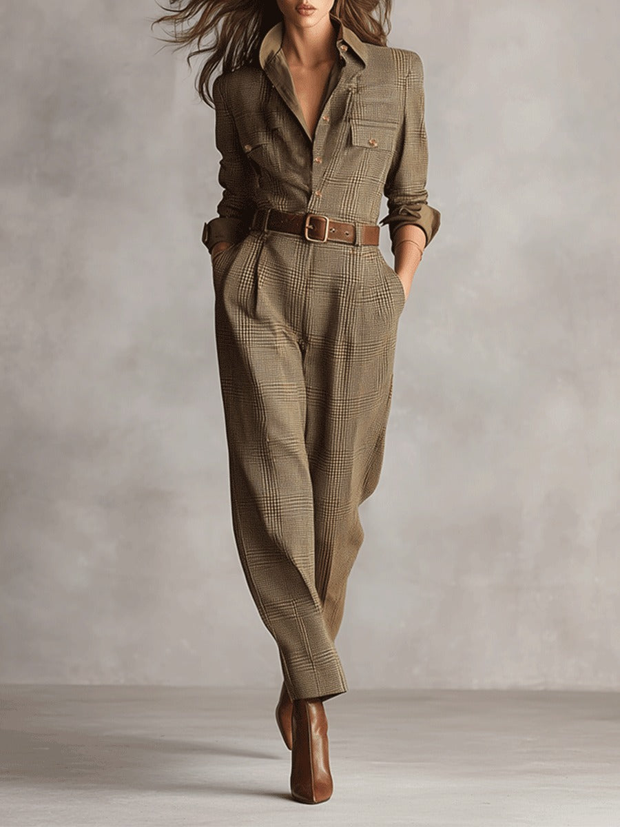 Theodosia - Women's Jumpsuit with Tie Belt and Long Sleeves - photo 1