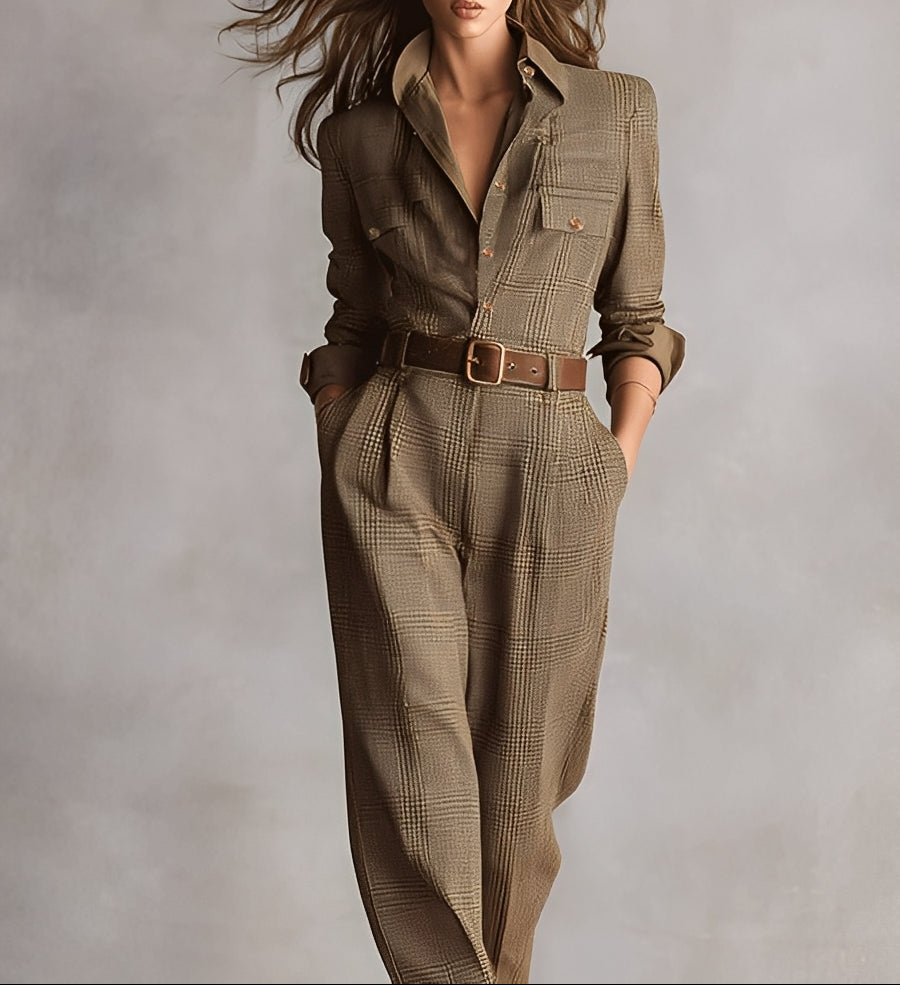 Theodosia - Women's Jumpsuit with Tie Belt and Long Sleeves - photo 2