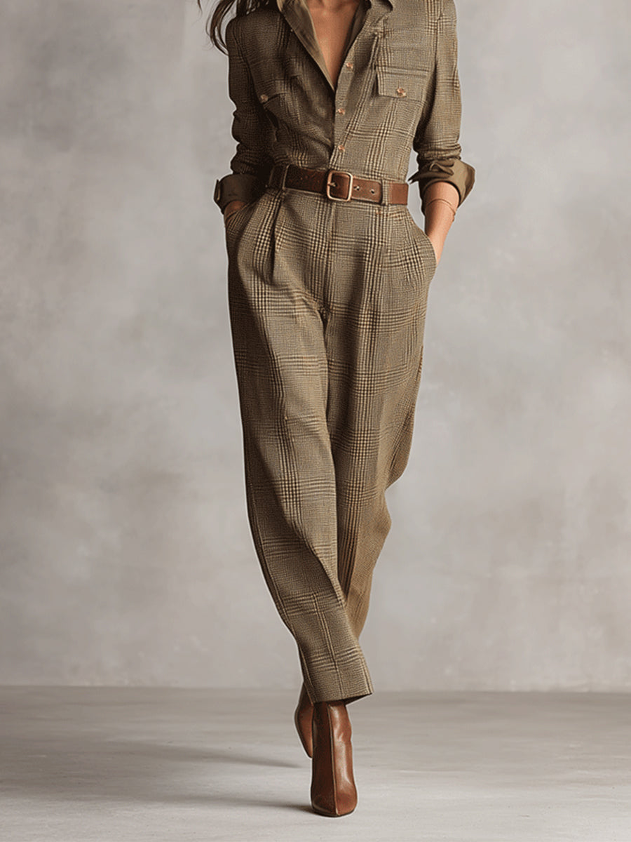 Theodosia - Women's Jumpsuit with Tie Belt and Long Sleeves - photo 3