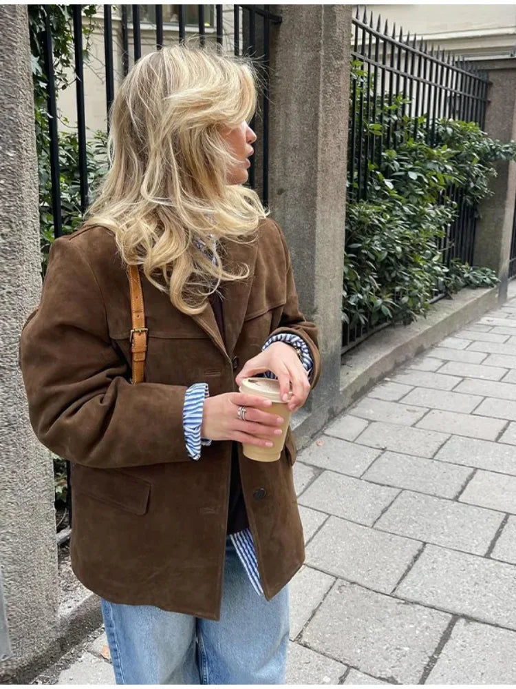 Davina - Women's Oversized Brown Suede Blazer Coat - photo 9