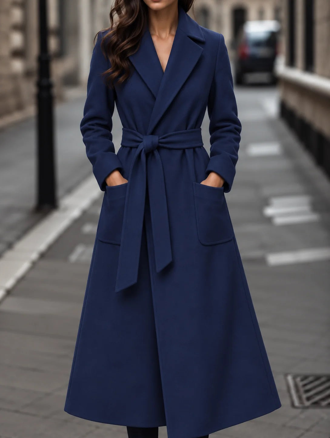 Valentina - Women's Long Belted A-Line Coat with Patch Pockets - Navy