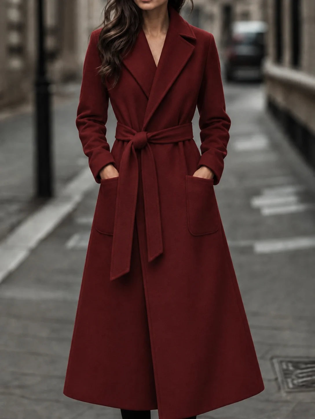 Valentina - Women's Long Belted A-Line Coat with Patch Pockets - Burgundy