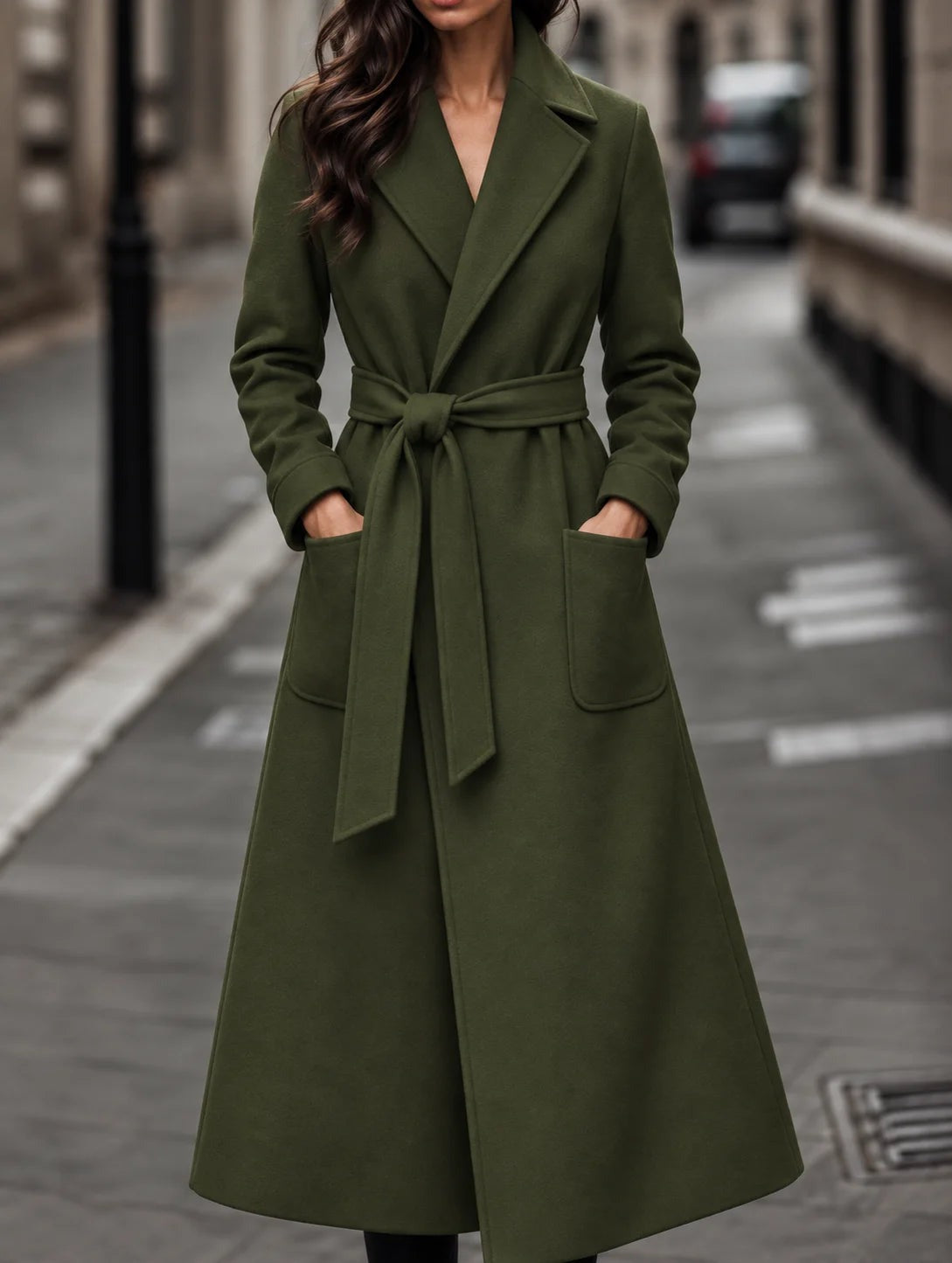 Valentina - Women's Long Belted A-Line Coat with Patch Pockets - Olive Green