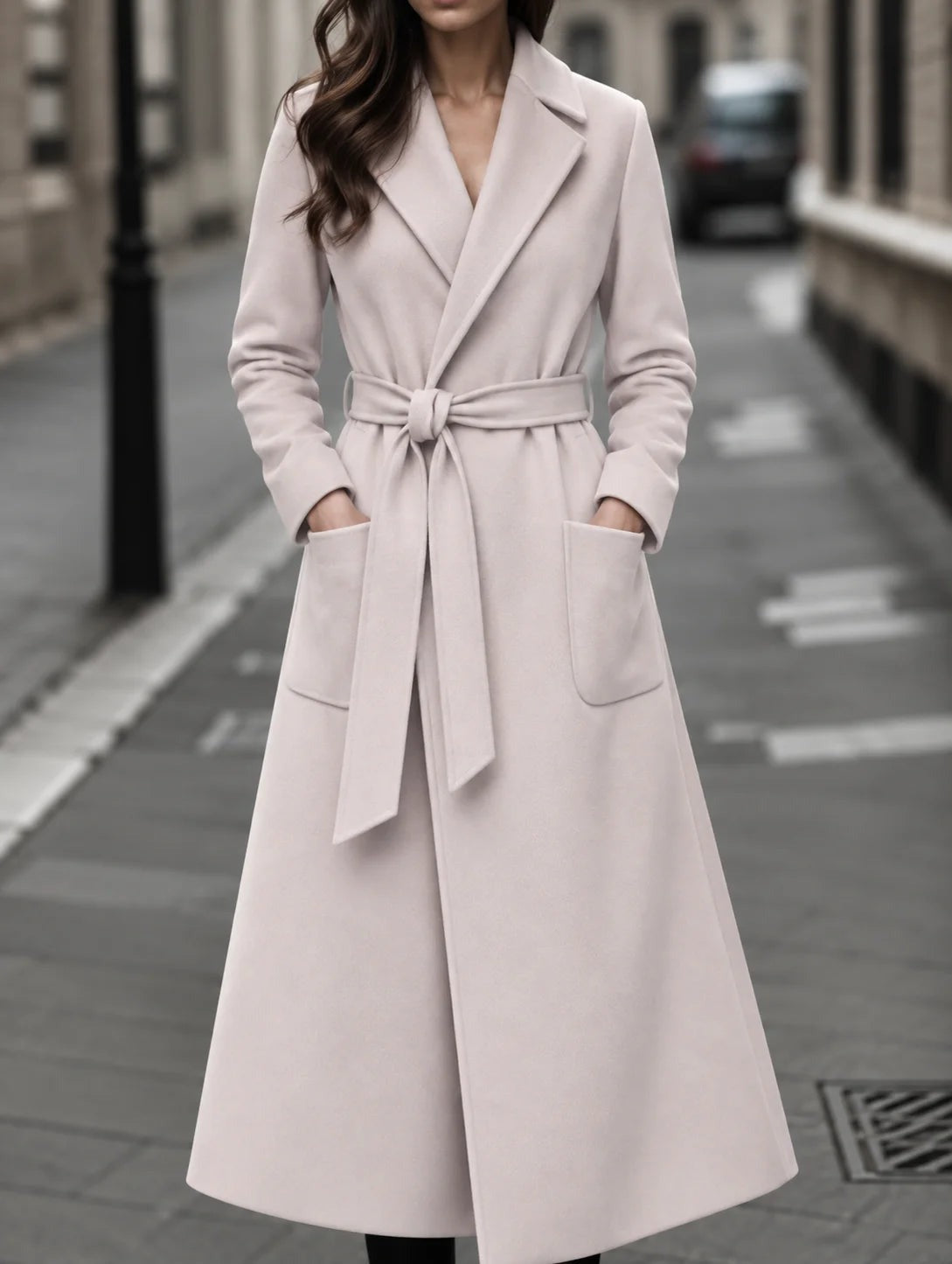 Valentina - Women's Long Belted A-Line Coat with Patch Pockets - Cream