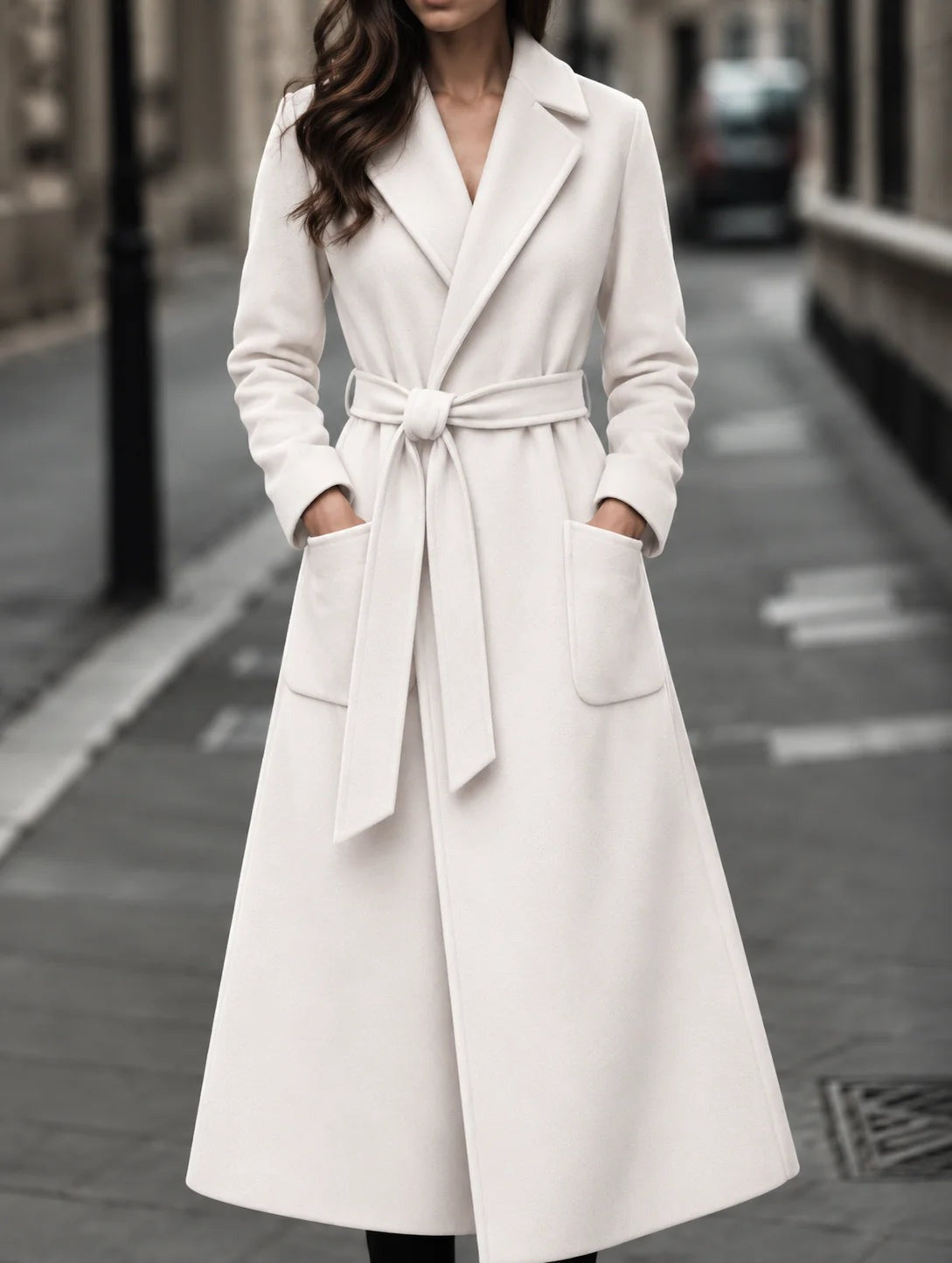 Valentina - Women's Long Belted A-Line Coat with Patch Pockets - White