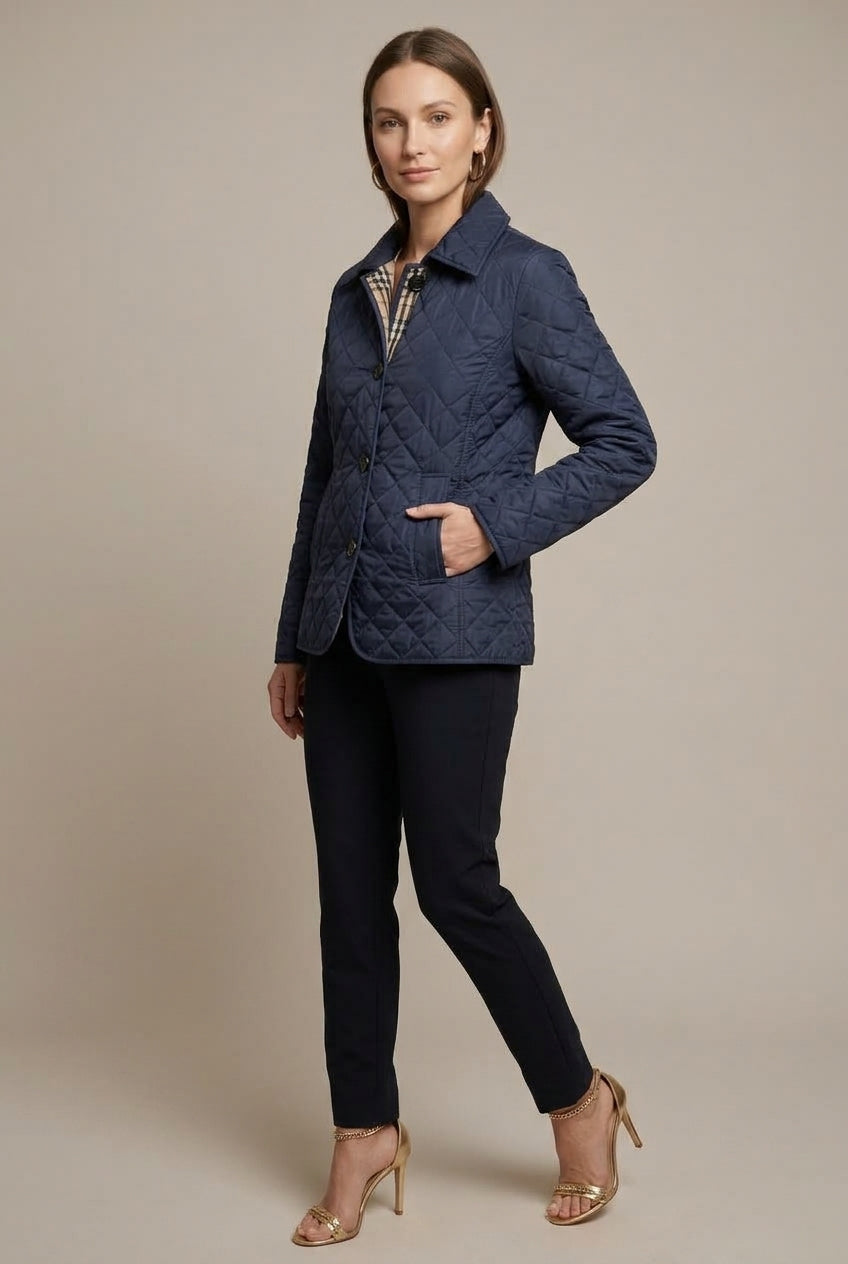 Women's Quilted Silk Jacket with Fitted Collar - Navy Blue