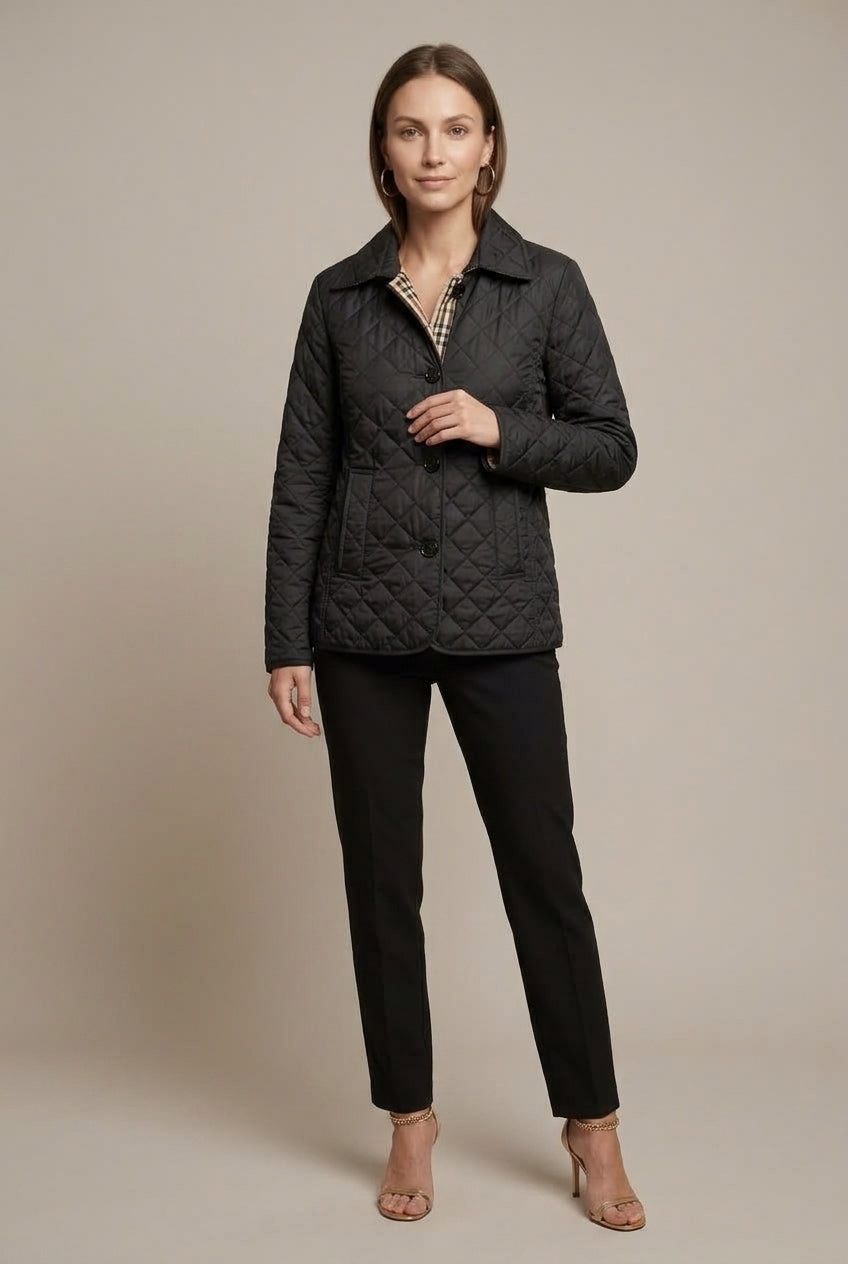 Women's Quilted Silk Jacket with Fitted Collar - Black