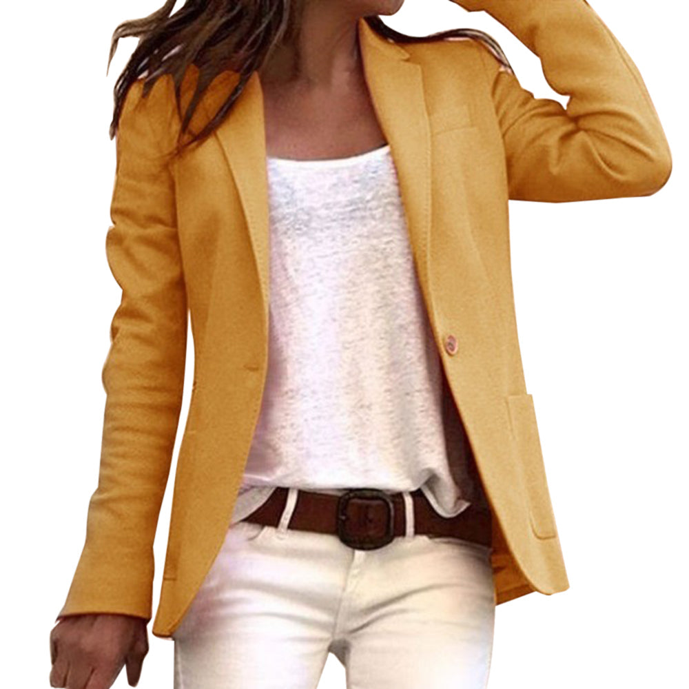 Women's Tailored Blazer with Lapel Collar and Single Button - Yellow