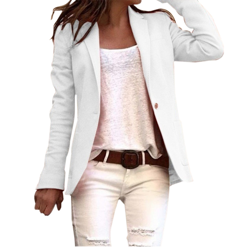 Women's Tailored Blazer with Lapel Collar and Single Button - White