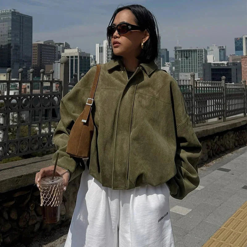 Women's Suede Look Bomber Jacket for Layering