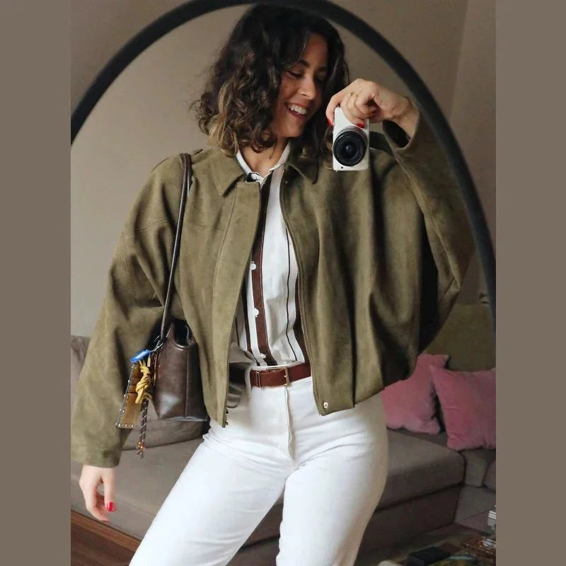 Women's Suede Look Bomber Jacket for Layering