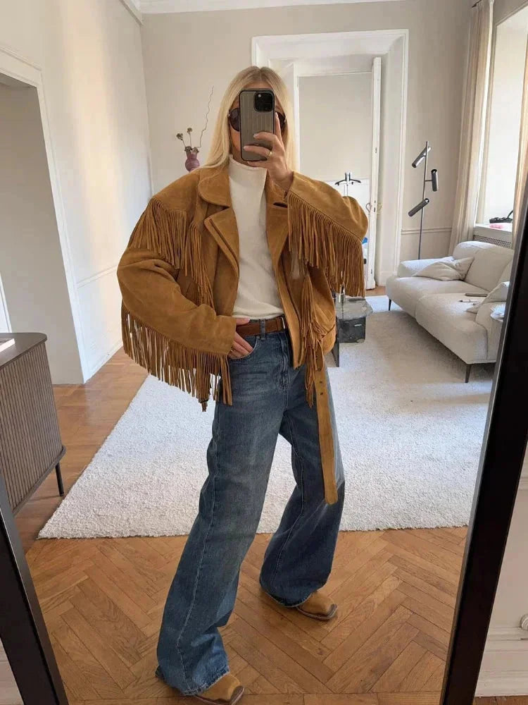 Ingrid - Women's brown suede fringed jacket - photo 5