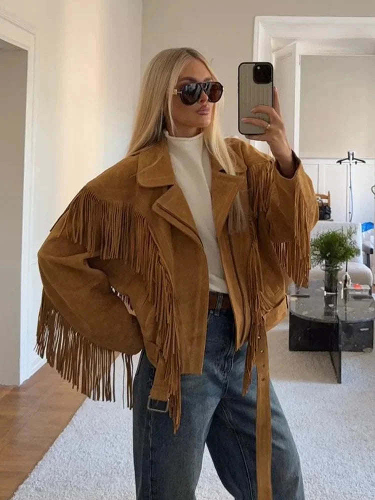 Ingrid - Women's brown suede fringed jacket - photo 7