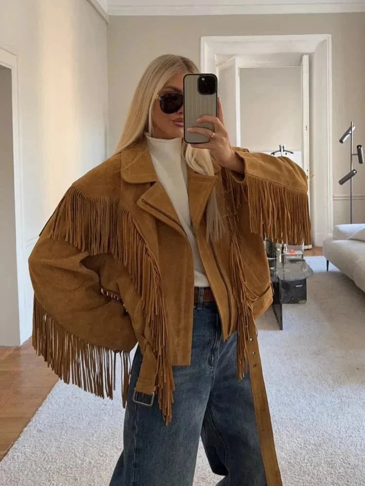 Ingrid - Women's brown suede fringed jacket - photo 2