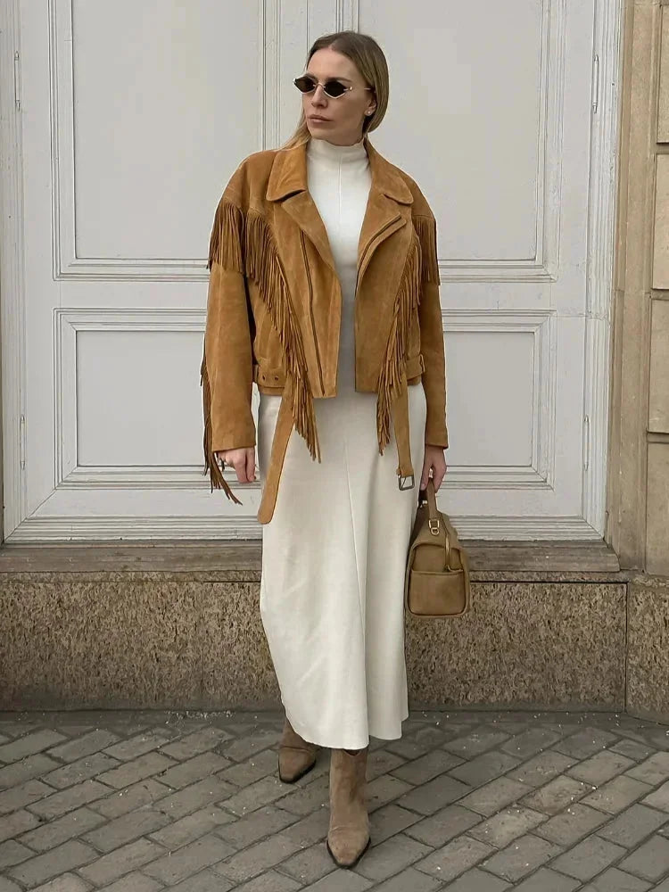 Ingrid - Women's brown suede fringed jacket - photo 4