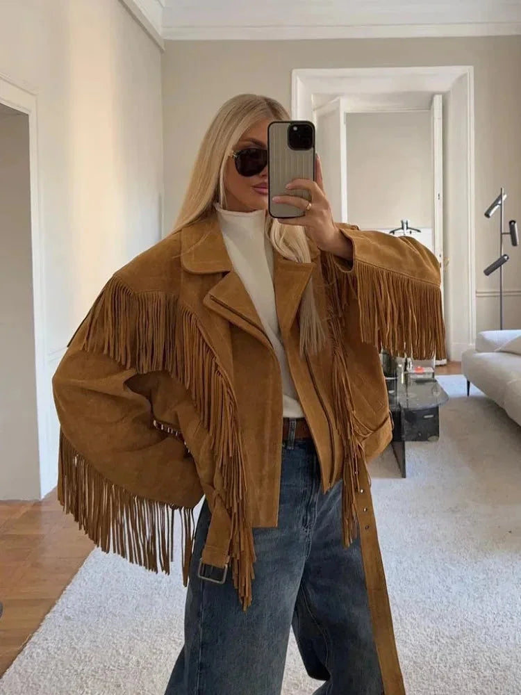 Ingrid - Women's brown suede fringed jacket - photo 1