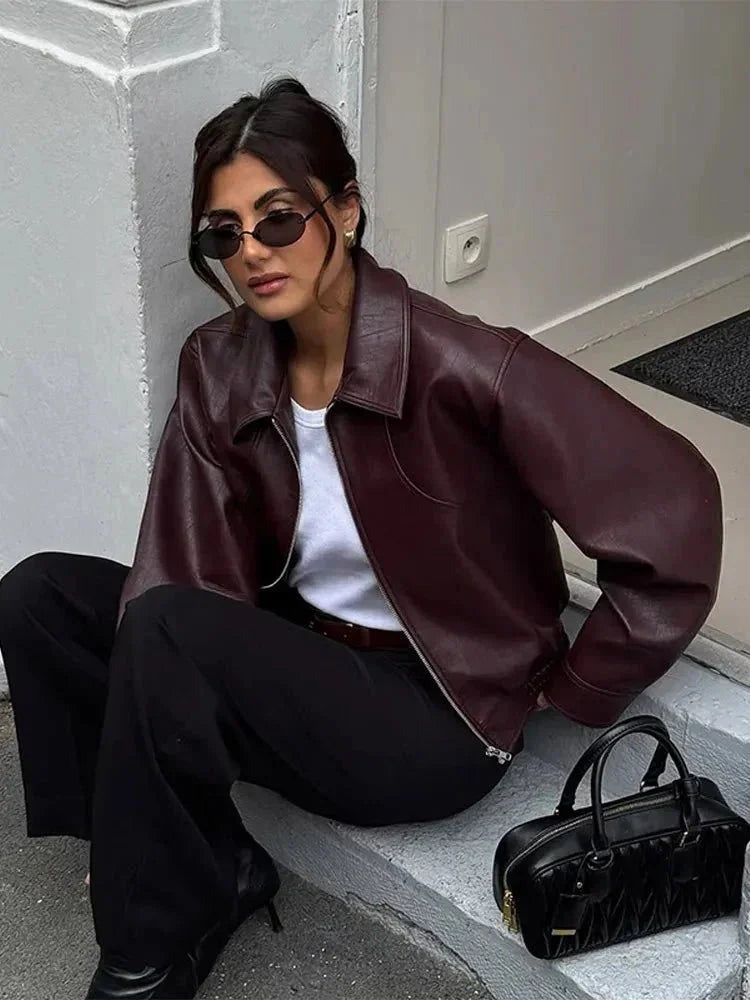 Faith - Women's Faux Leather Jacket with Collar - photo 1