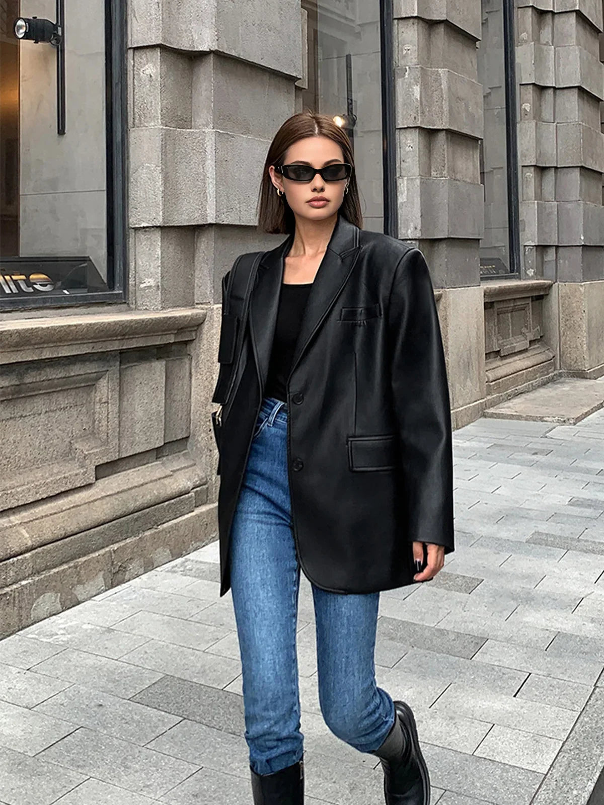 Veste Longue Effet Cuir Coupe Ample pour Femme