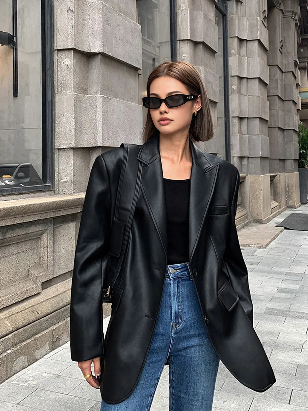 Veste Longue Effet Cuir Coupe Ample pour Femme