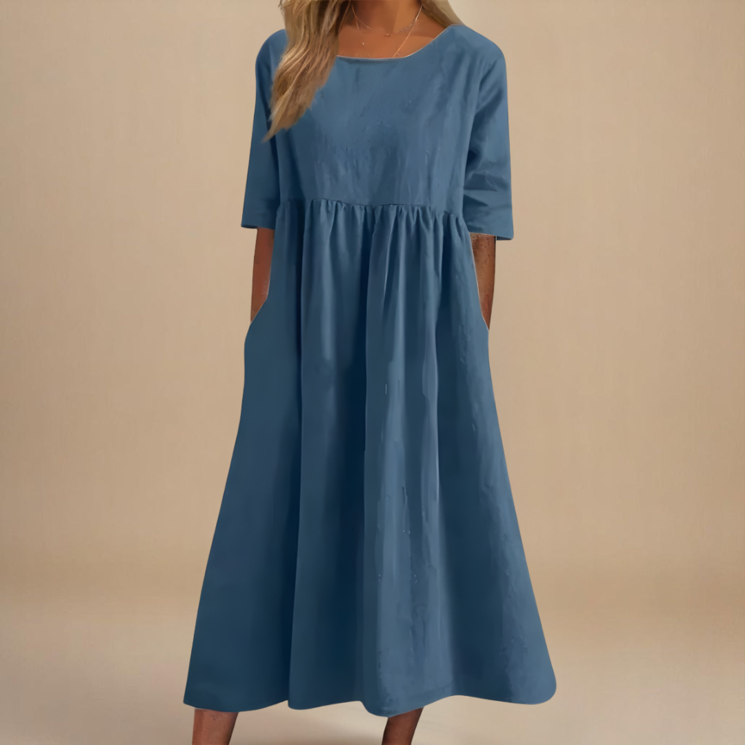 Women's Linen Midi Dress with Empire Waist