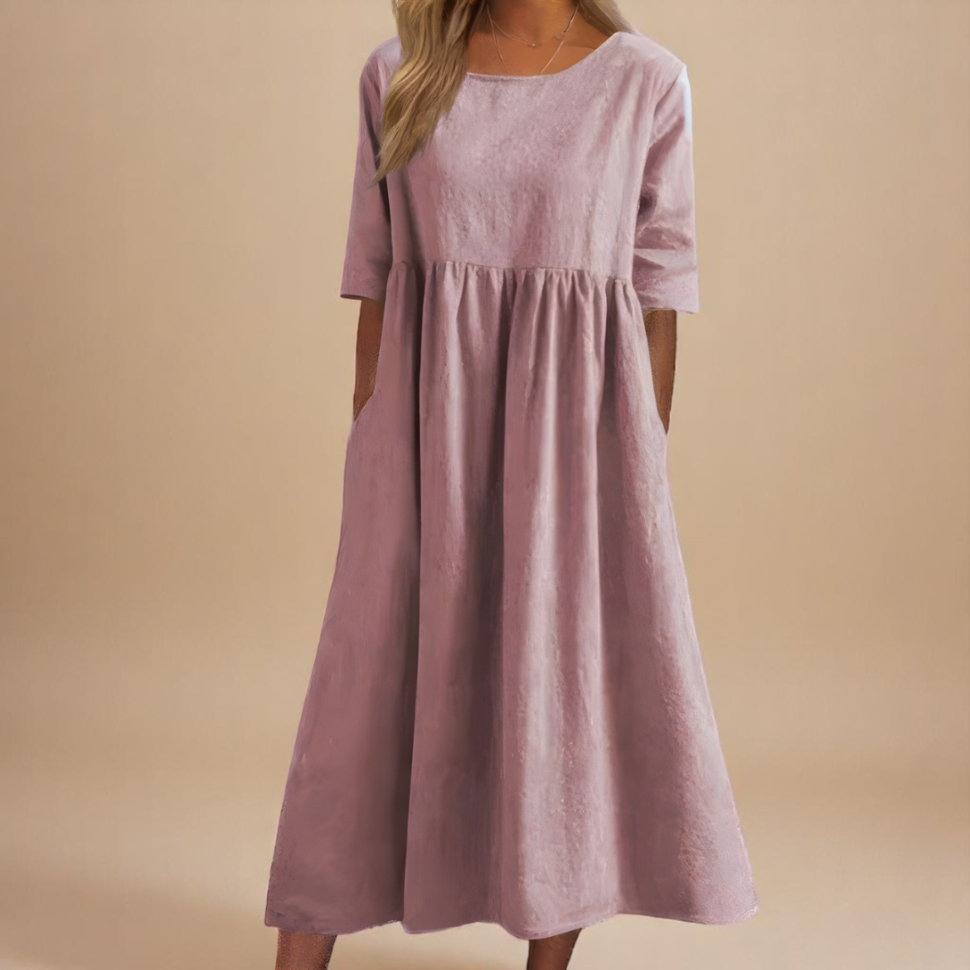 Women's Linen Midi Dress with Empire Waist
