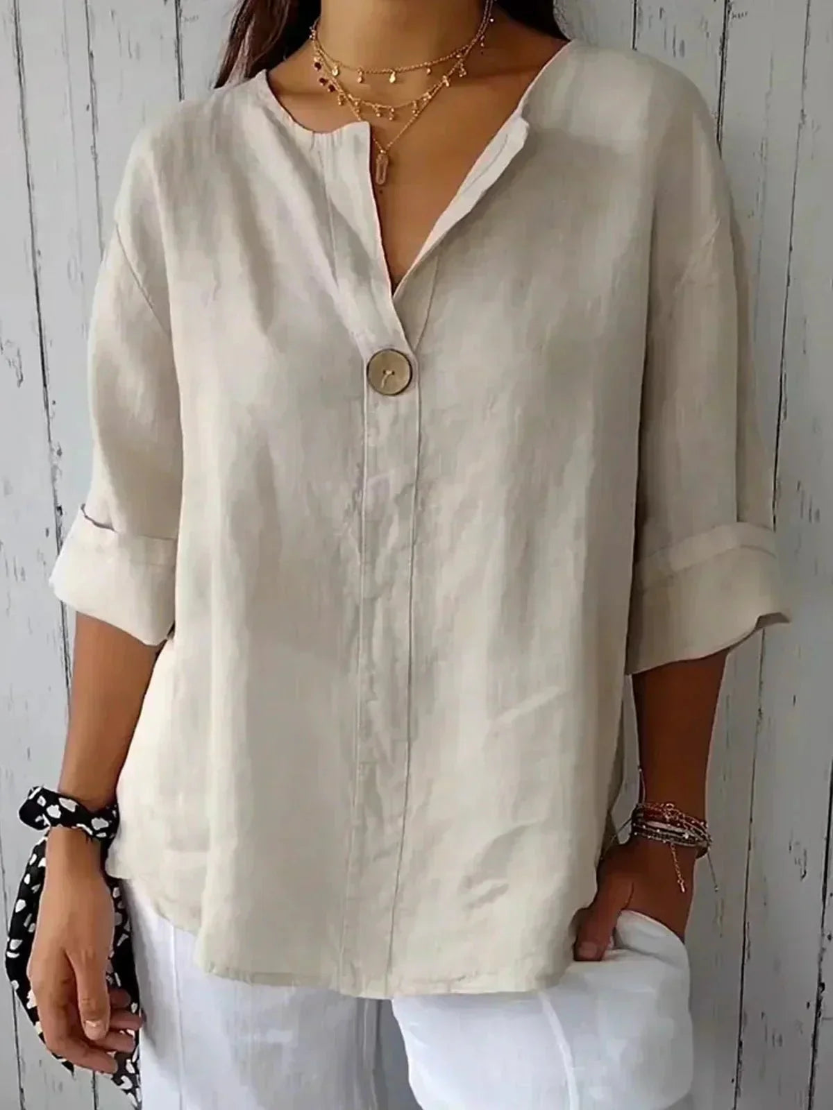 Women's V-Neck Linen Blouse with Roll Tab Sleeves - photo 7