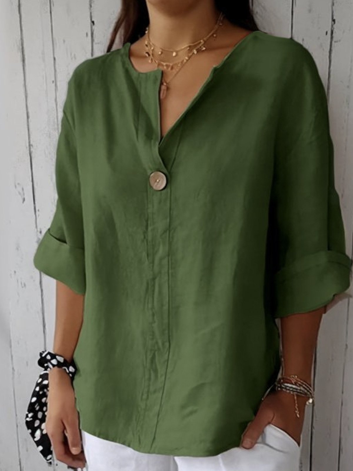 Women's V-Neck Linen Blouse with Roll Tab Sleeves - photo 5