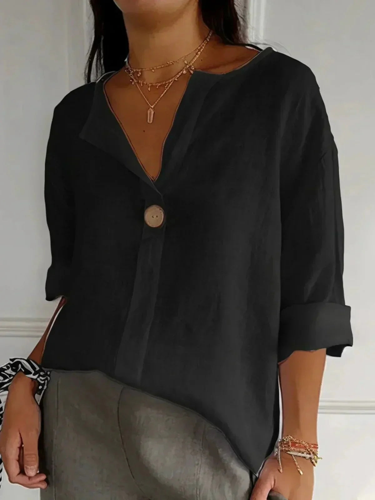 Women's V-Neck Linen Blouse with Roll Tab Sleeves - photo 3