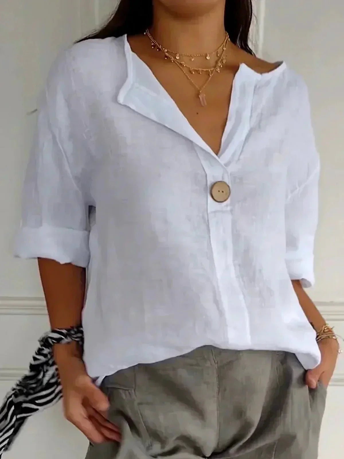Women's V-Neck Linen Blouse with Roll Tab Sleeves - photo 2