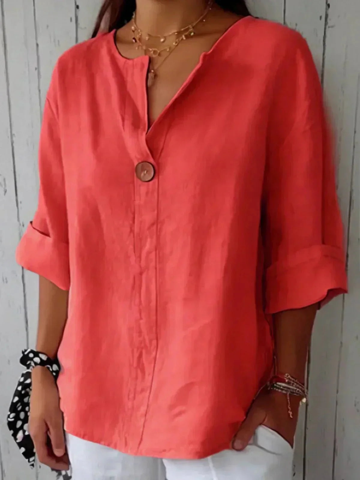 Women's V-Neck Linen Blouse with Roll Tab Sleeves - photo 4