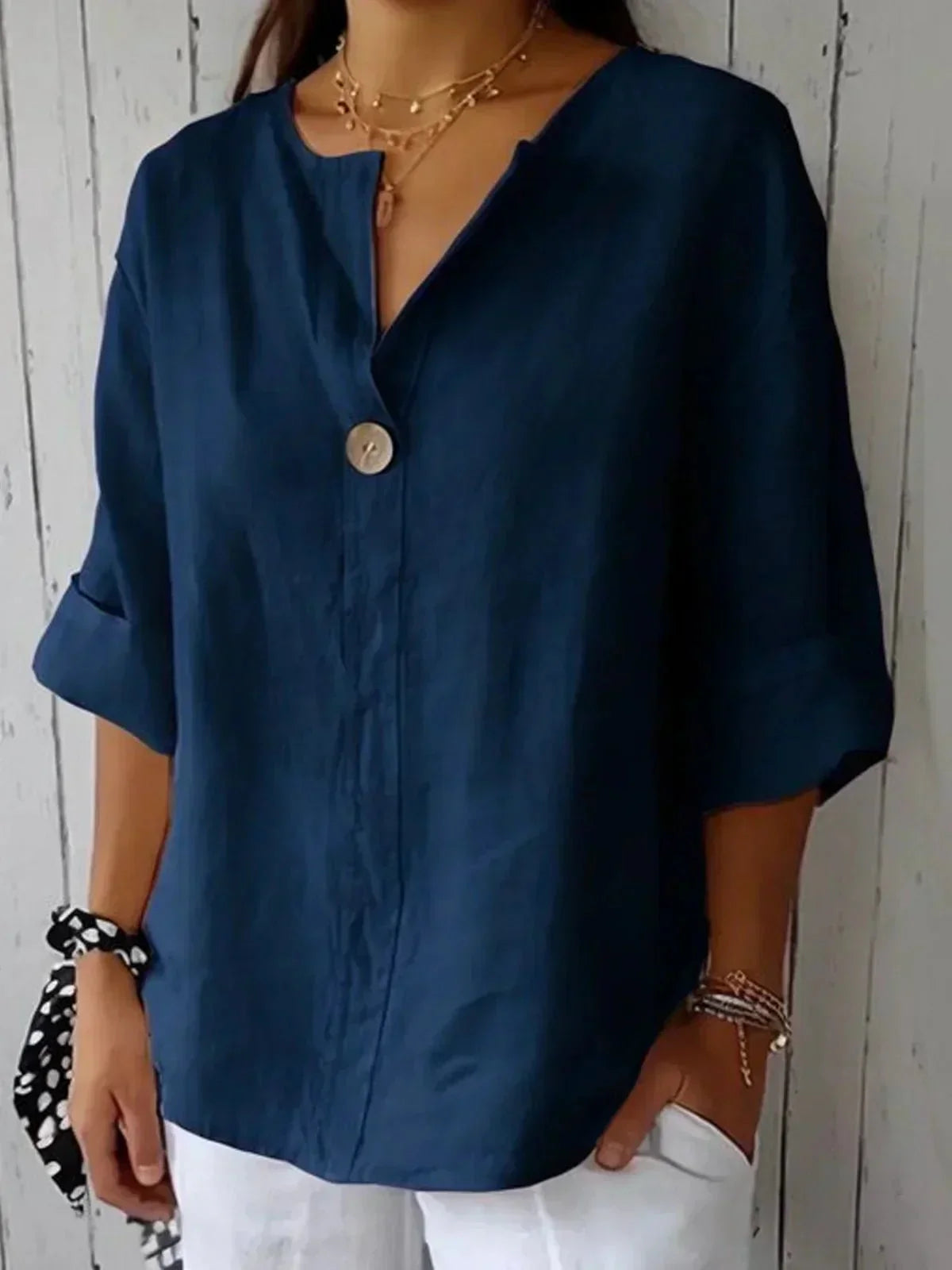 Women's V-Neck Linen Blouse with Roll Tab Sleeves - photo 6