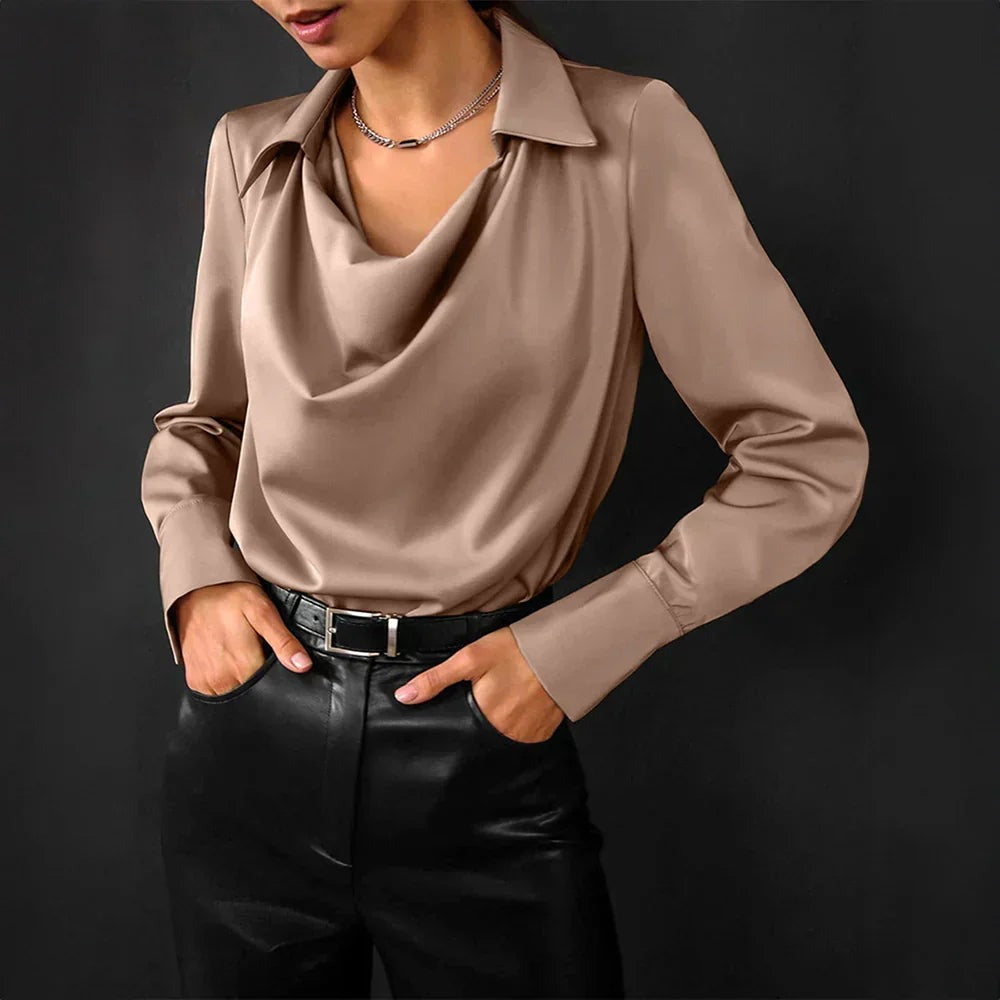 Women's Blouse with Shirt Collar and Cowl Neckline - Bronze