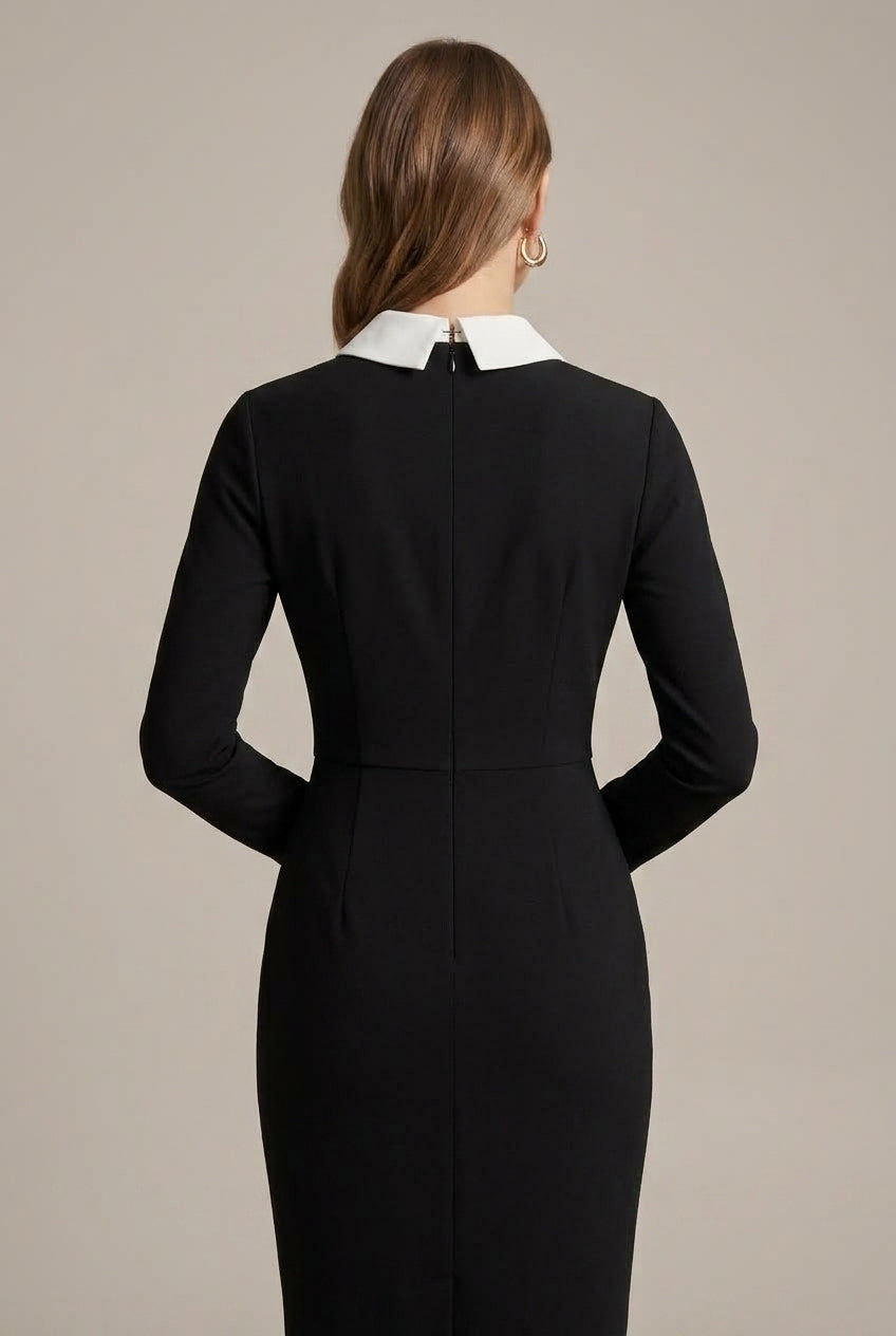 Women's Bodycon Midi Dress with Contrast Collar
