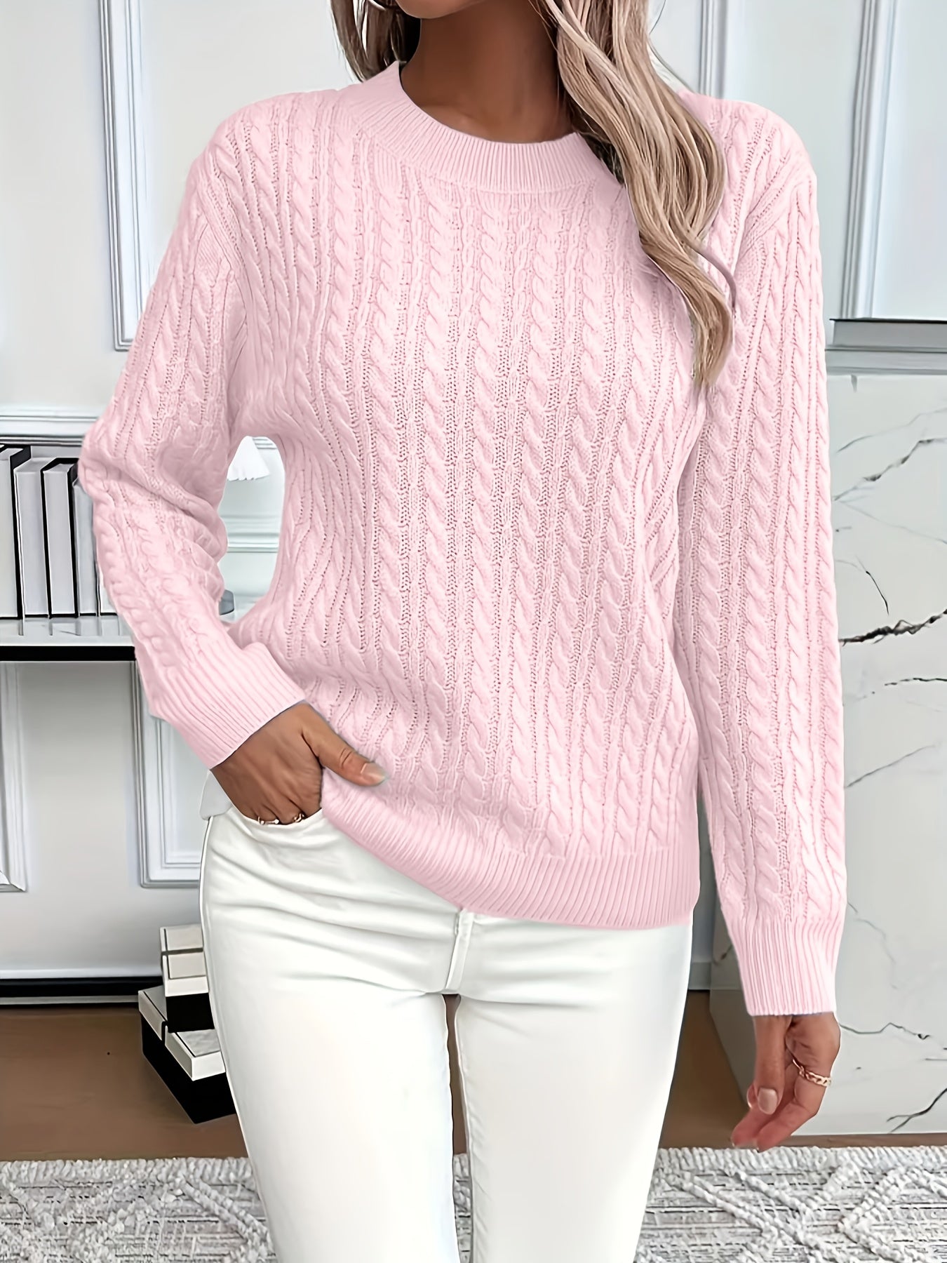 Carrie - Women's Cable Knit Jumper with Crew Neck