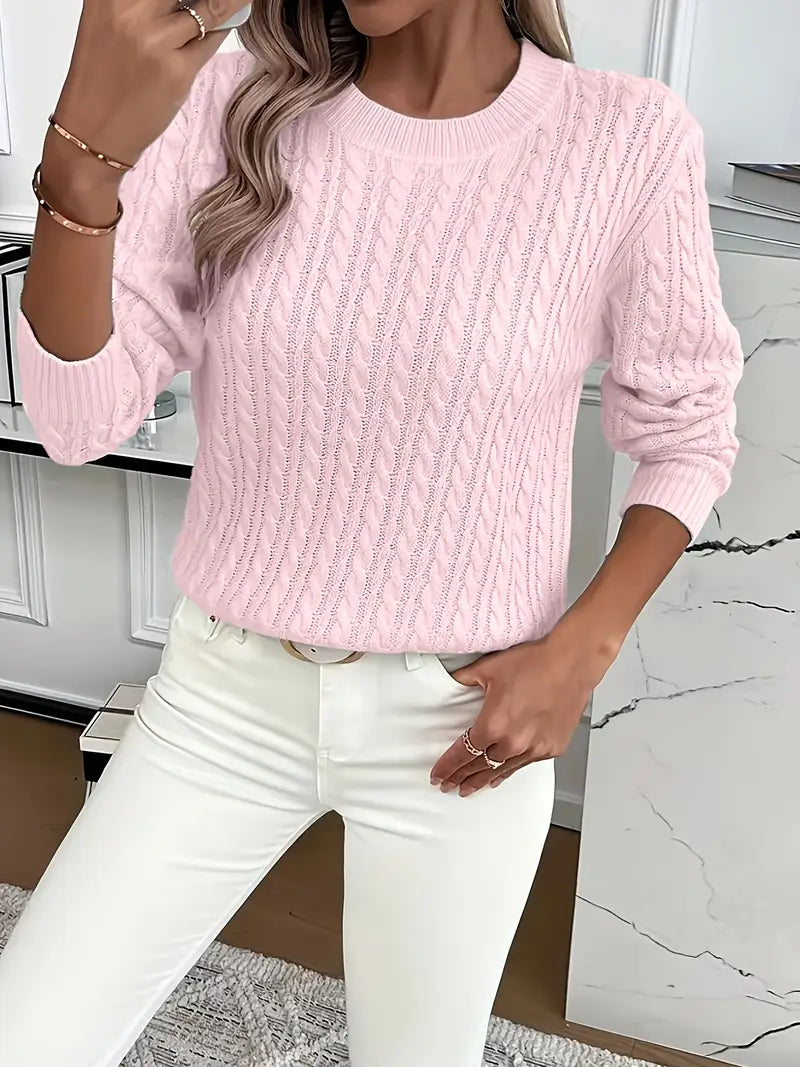 Carrie - Women's Cable Knit Jumper with Crew Neck