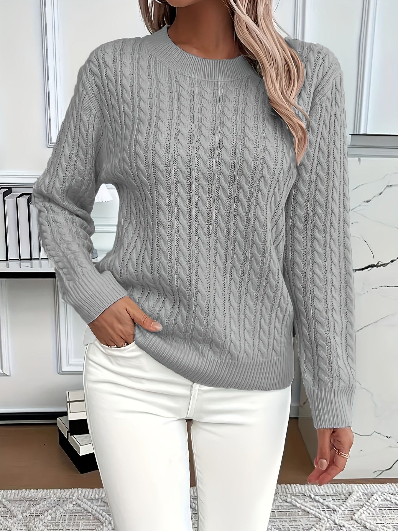 Carrie - Women's Cable Knit Jumper with Crew Neck