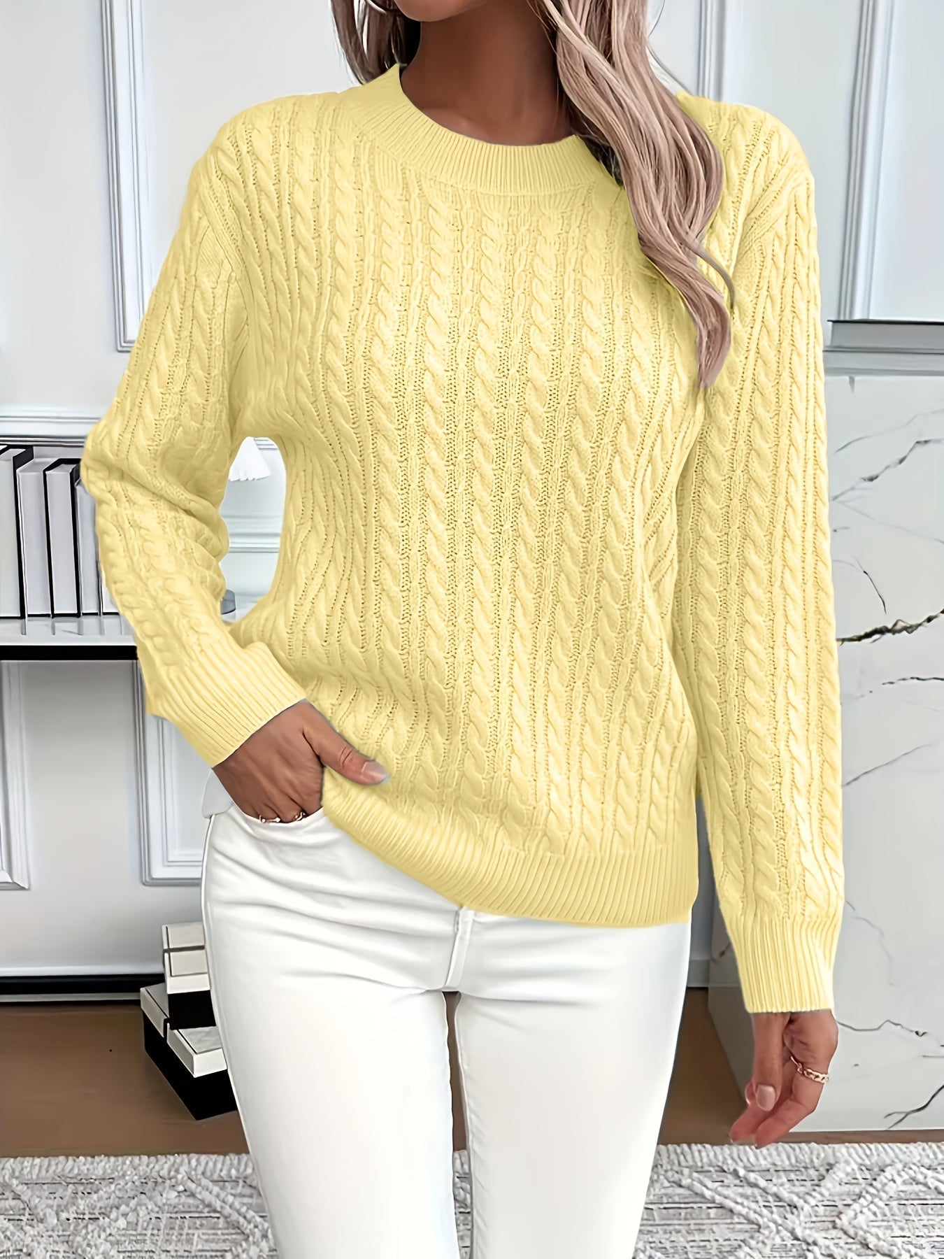 Carrie - Women's Cable Knit Jumper with Crew Neck