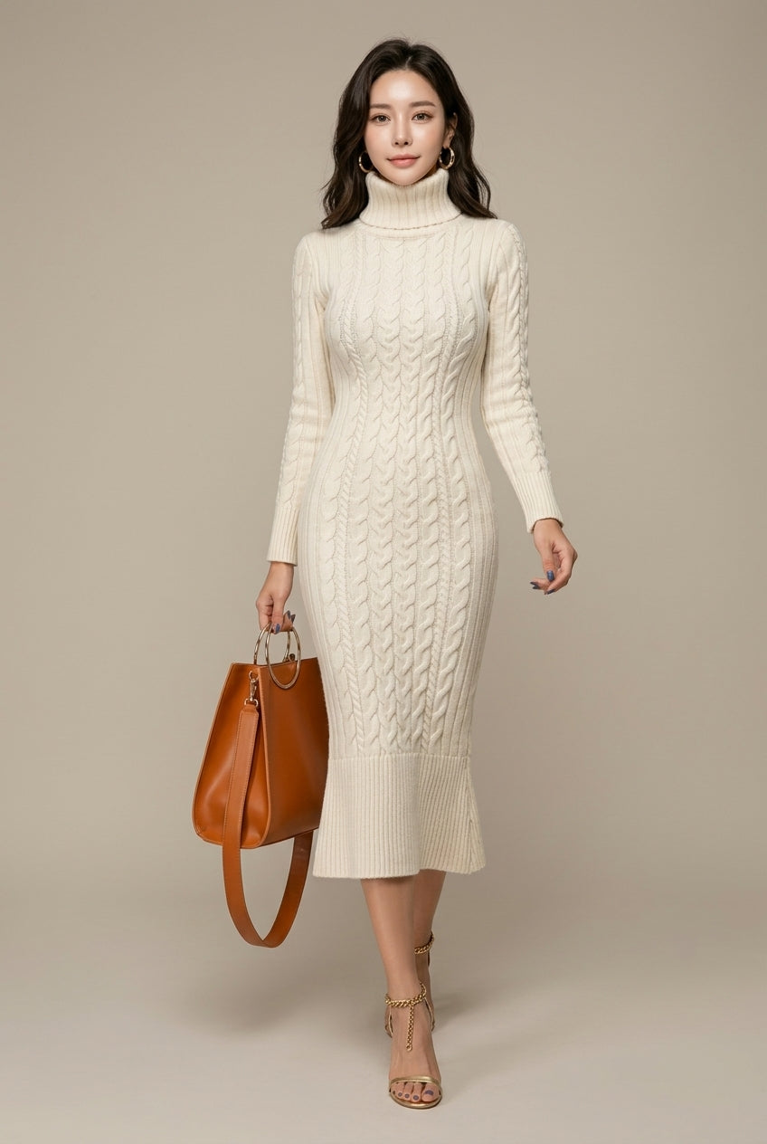 Women's Cable Knit Turtleneck Midi Dress with Long Sleeves - White